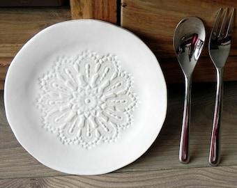 Rustic Ceramic Plate Snow White Lace Dessert Plate Pottery Serving Plate