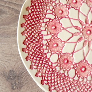 Rustic Ceramic Plate, Red Mandala Lace Dessert Plate, Unique Serving Plate, Mandala Tableware, Boho Kitchen Decor Ceramic Dish, Lace Pottery image 4