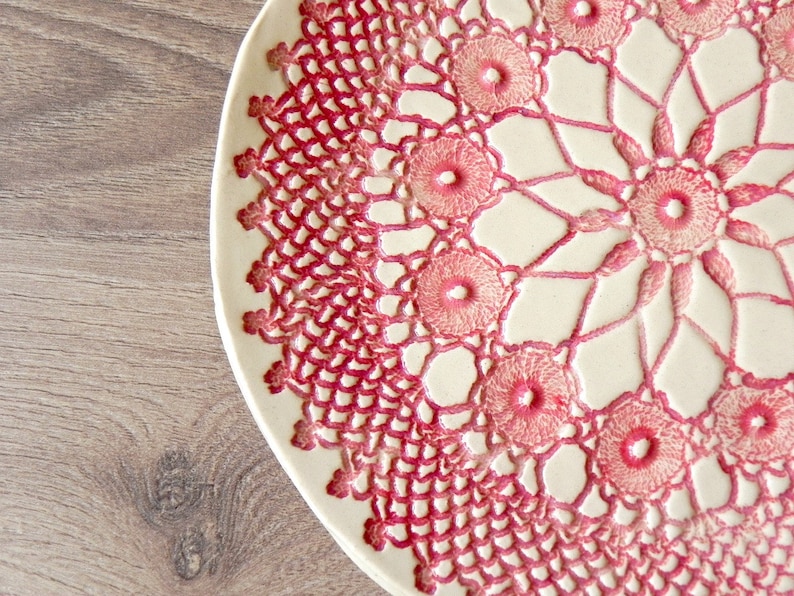 Rustic Ceramic Plate, Red Mandala Lace Dessert Plate, Unique Serving Plate, Mandala Tableware, Boho Kitchen Decor Ceramic Dish, Lace Pottery image 4