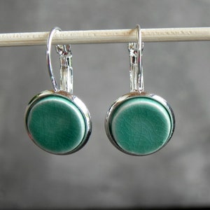 Geometric Mint Dangle Earrings, Minimalist Round Earrings, Mint Green Ceramic Jewelry in a Silver Color Brass Base, Best Friend Jewelry
