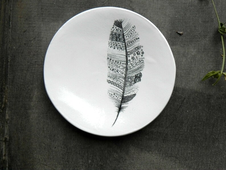 Feather Porcelain Ring DishZentangle Art Black White Ceramic image 0