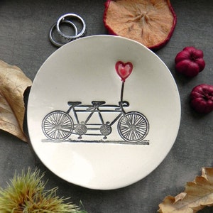 Engagement Ring Holder, Bicycle Love Plate or Ornament, Tandem and Heart Ceramic Wedding Ring Dish, Ivory Ring Pillow Custom Ring Plate image 8
