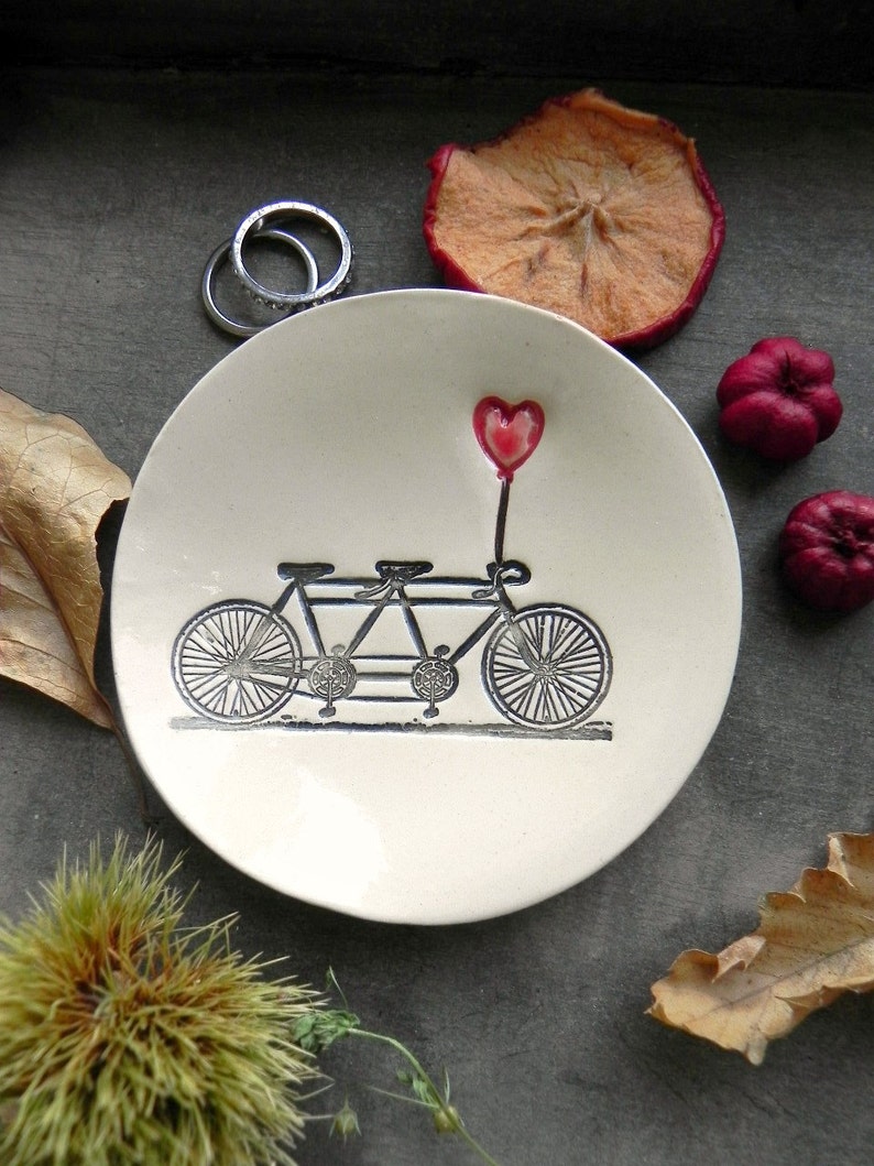 Engagement Ring Holder, Bicycle Love Plate or Ornament, Tandem and Heart Ceramic Wedding Ring Dish, Ivory Ring Pillow Custom Ring Plate image 8