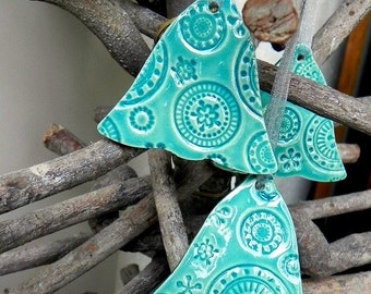 Lace Christmas Ornaments Turquoise Ceramic Bell Winter Home Decoration Gift Set of 3