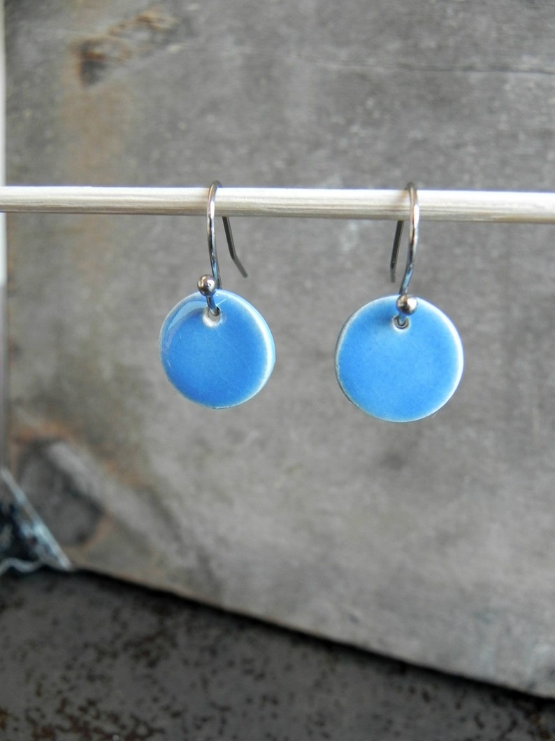 Little Blue Ceramic Dangle Earrings Minimalist  Modern Round image 0