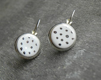 White Porcelain Dangle Earrings with Silver Dots, Leverback Earrings,  Ceramic Jewelry in a Silver Color Brass Base, Best Friend Jewelry