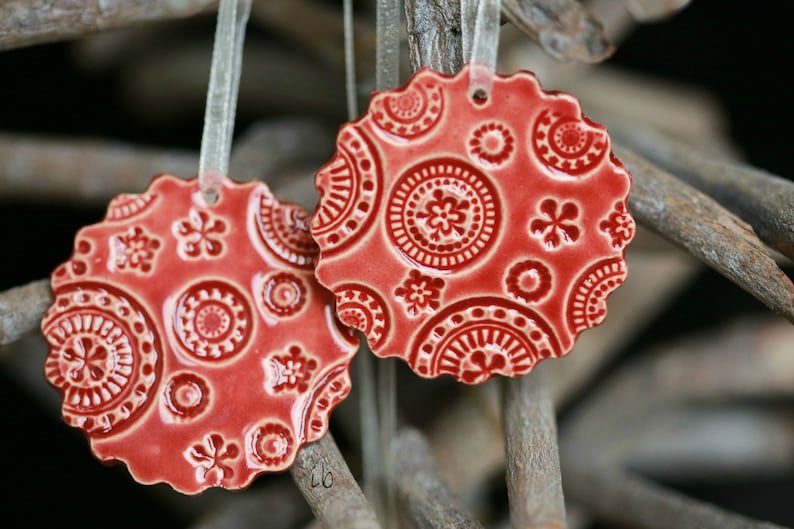 Handmade Red Lace Ceramic Ornament, 3 Christmas Ornaments, Home Decor Gift, Red Christmas Gift Lace Pottery Red Christmas tree ornament image 2