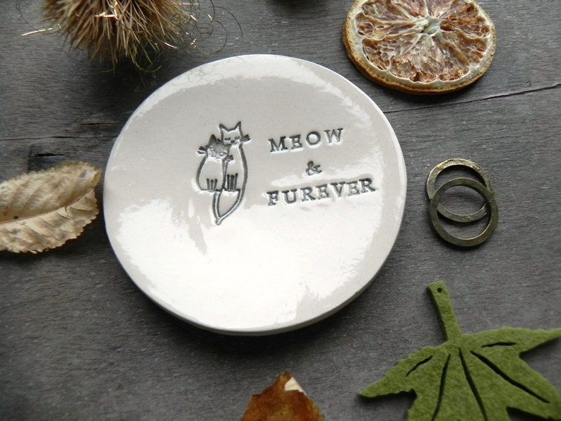 Engagement Ring Holder, Cat Personalized Ceramic Plate, Wedding Ring Dish, Meow & Furever Anniversary Ring Pillow, Custom Ring Dish Pottery image 2