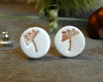 Ceramic Flower Earrings Dandelion Porcelain Ginger and White Floral Studs Natural Every Day Jewelry Dangle Earrings