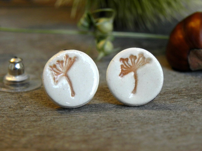 Ceramic Flower Earrings Dandelion Porcelain Ginger and White Etsy