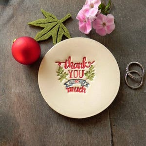 Thank You So Much Ceramic Ring Dish Positive Message Pottery Bridal Plate Thanksgiving Red Jewelry Dish Green Leaves Honour Plate image 3