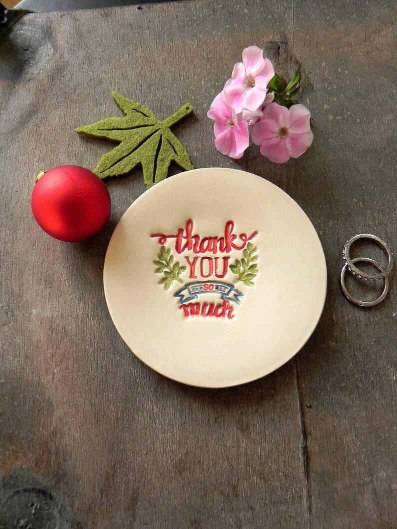 Thank You So Much Ceramic Ring Dish Positive Message Pottery Bridal Plate Thanksgiving Red Jewelry Dish Green Leaves Honour Plate image 3