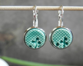 Lace Mint Dangle Earrings, Minimalist Round Earrings, Vintage Lace Ceramic Jewelry in a Silver Color Brass Base, Best Friend Jewelry