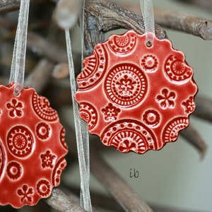 Handmade Red Lace Ceramic Ornament, 3 Christmas Ornaments, Home Decor Gift, Red Christmas Gift Lace Pottery Red Christmas tree ornament image 1