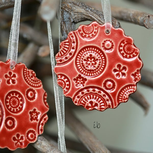 Handmade Red Lace Ceramic Ornament, 3 Christmas Ornaments, Home Decor Gift,  Red Christmas Gift Lace Pottery Red Christmas tree ornament