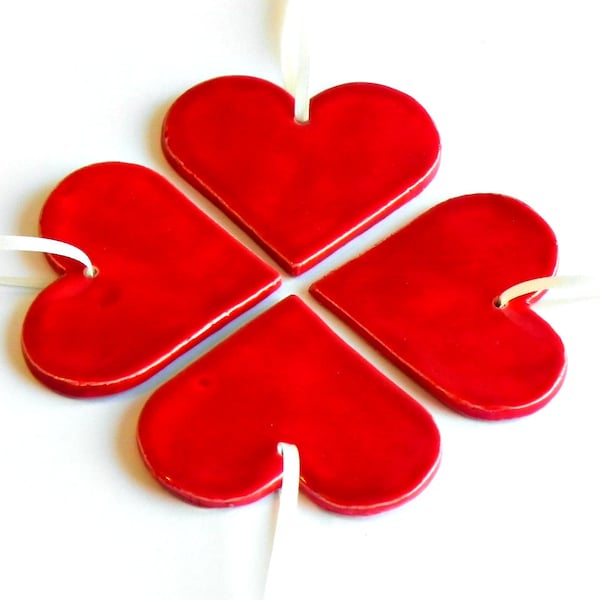 Christmas Ceramic Red Hearts, Christmas Ornaments Minimalist Love Home Decoration Valentine Gift Set of 4