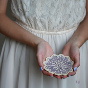 Lace Ceramic Flower Plate Purple Ring Holder Oval Shape White Pottery Dish Ring Holder image 1