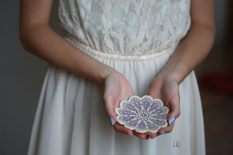 Lace Ceramic Flower Plate Purple Ring Holder Oval Shape White Pottery Dish Ring Holder image 1