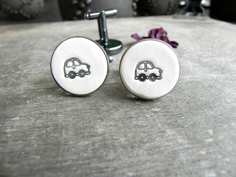 Black Car Custom Cufflinks and Tie Pin, Personalized Gift for Him, Ceramic Cufflinks, Porcelain Wedding Cuff Links, Best Man, Wanderlust image 2