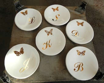 Bridesmaid Gifts, White Ceramic Trinket Dish with Gold Butterfly and Letter, Gold Monogram Bridal Party Gifts, Wedding Ring Dish