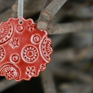 Handmade Red Lace Ceramic Ornament, 3 Christmas Ornaments, Home Decor Gift, Red Christmas Gift Lace Pottery Red Christmas tree ornament image 3