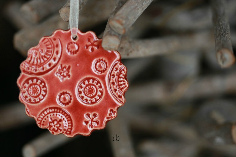 Handmade Red Lace Ceramic Ornament, 3 Christmas Ornaments, Home Decor Gift, Red Christmas Gift Lace Pottery Red Christmas tree ornament image 3