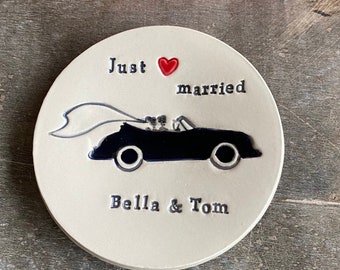 Just Married Personalized Love Plate, Car and Heart Ceramic Ring Dish, Married Couple Plate, Big Day Keepsake