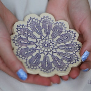 Lace Ceramic Flower Plate Purple Ring Holder Oval Shape White Pottery Dish Ring Holder image 2