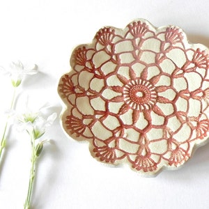 Rustic White Ceramic Dish Red Lace Flower Plate Ring Holder image 2