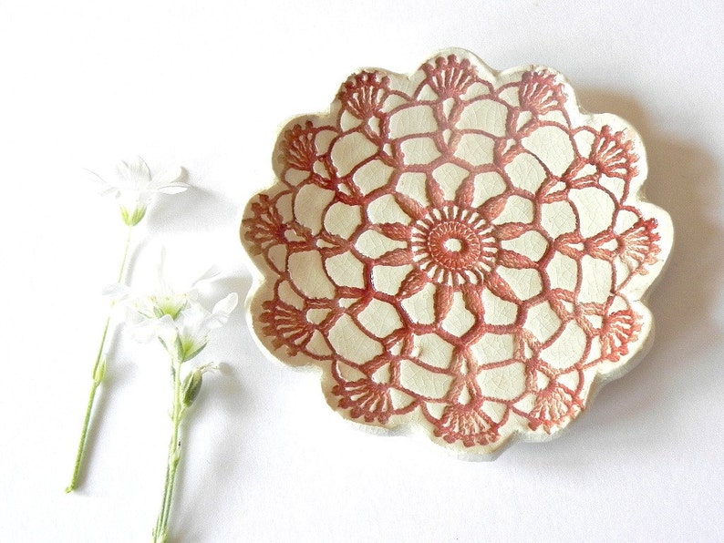 Rustic White Ceramic Dish Red Lace Flower Plate Ring Holder image 2