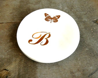 Bridesmaid Gifts, White Ceramic Trinket Dish with Gold Butterfly and Letter, Gold Monogram Bridal Party Gifts, Wedding Ring Dish