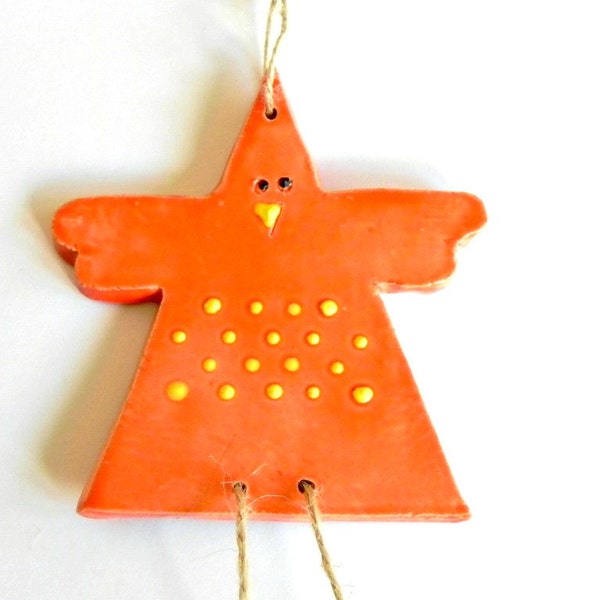 Orange Chicken Ceramic Ornament  Easter Decoration Yellow Dots Eco Friendly Animal Pottery