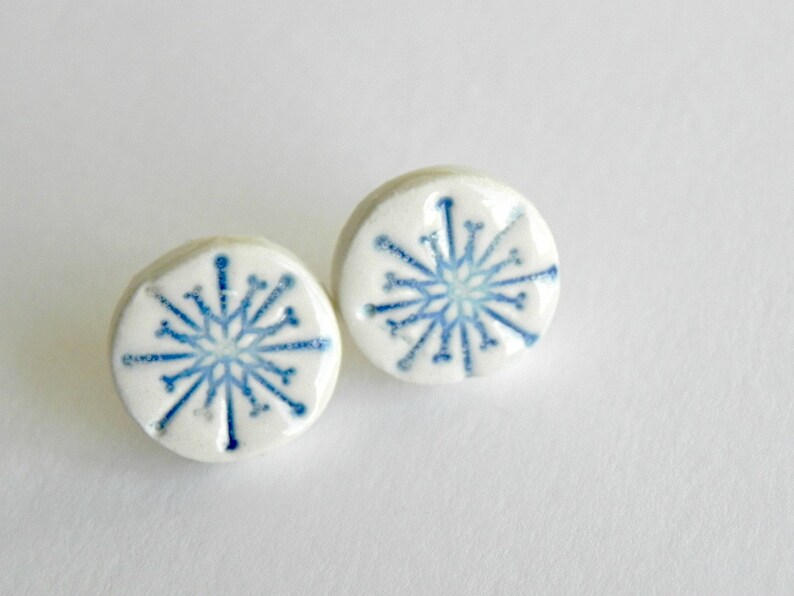 Ceramic Post Earrings Pottery White and Blue Shiny Studs Etsy