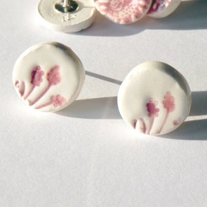 Ceramic Earrings, White Studs with Pink Flowers, Eco Friendly Jewelry in a Recycled Box image 1