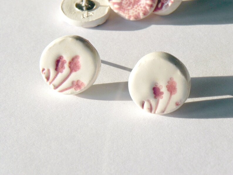 Ceramic Earrings, White Studs with Pink Flowers, Eco Friendly Jewelry in a Recycled Box image 1