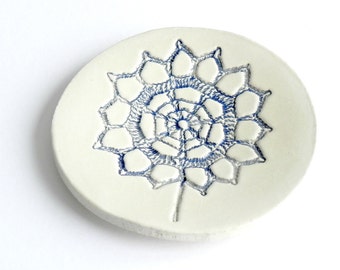 Ceramic Blue Flower Ring Dish Minimalist Round Plate White Pottery