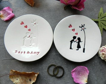 Personalized Wedding Ring Holder Love Couple and Hearts Ceramic Ring Dish, Retro Ring Holder with Candelabra Custom Ring Bearer, Retro Style