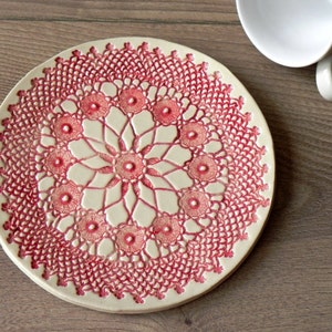 Rustic Ceramic Plate, Red Mandala Lace Dessert Plate, Unique Serving Plate, Mandala Tableware, Boho Kitchen Decor Ceramic Dish, Lace Pottery image 5