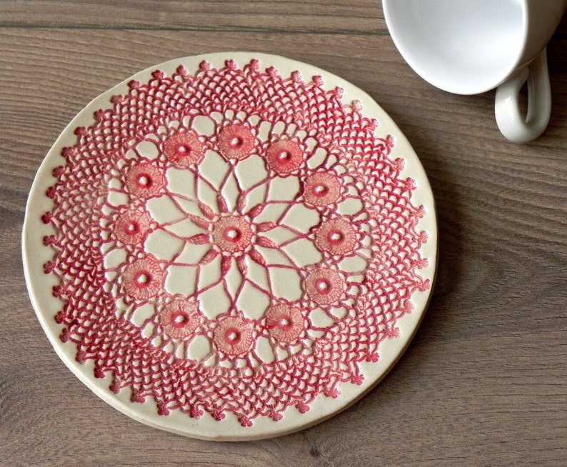 Rustic Ceramic Plate, Red Mandala Lace Dessert Plate, Unique Serving Plate, Mandala Tableware, Boho Kitchen Decor Ceramic Dish, Lace Pottery image 5