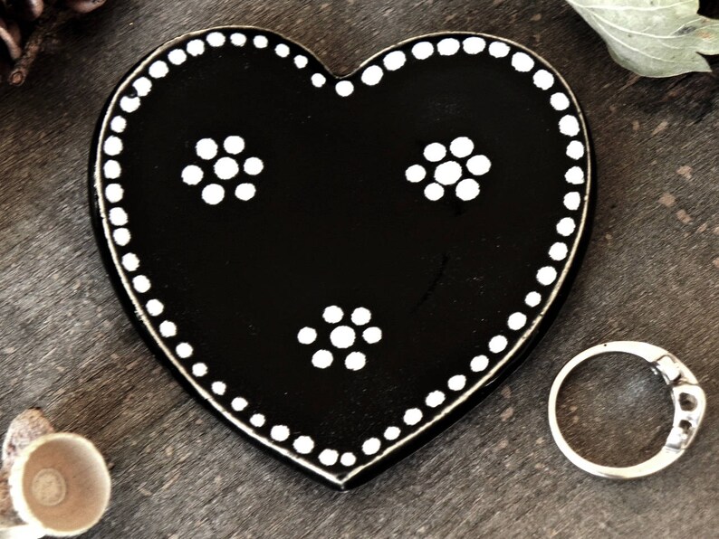 Black Ceramic Heart Jewelry Dish Black and White Halloween image 0