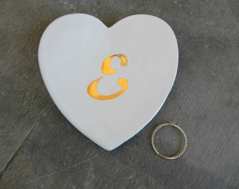 Gold Monogram Heart Jewelry Dish, Custom Wedding Ceramic Ring Dish, Bridal Shower Gifts, White Plate Love Pottery Bridal Plate Silver Letter