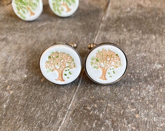 Boutons de manchette arbre en porcelaine, saule pleureur pour amoureux de la nature, cadeaux d'anniversaire, boutons de manchette botaniques, pères, mariés, témoin