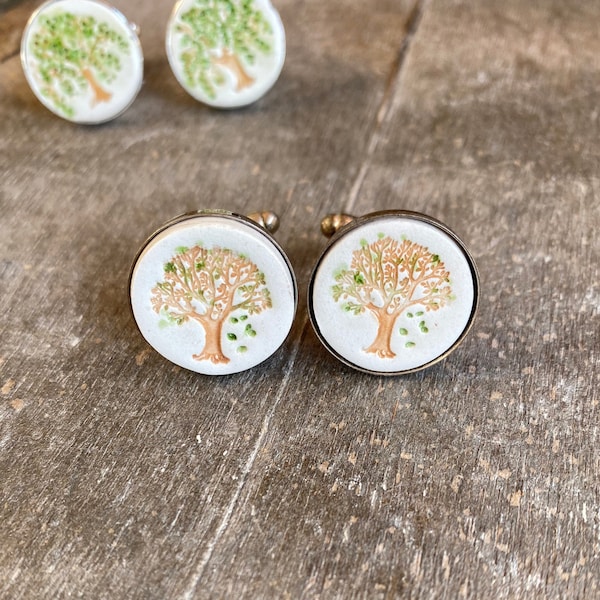 Porcelain Tree Cuff Links, Weeping Willow for Nature Lover, Anniversary Gifts, Botanical Cuff Links, Fathers, Grooms, Best Man