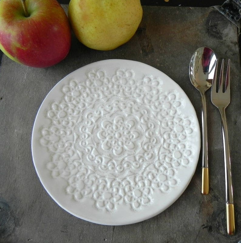 Rustic Snow White Lace Ceramic Dessert Plate Romantic White Etsy