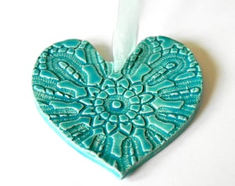 Ceramic Heart Ornament Caribbean Blue Pottery Aqua Vintage Lace Pattern Organza Ribbon