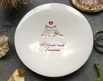 Wedding Ring Holder, Personalized Bird Ceramic Plate, Ring Dish, Red Heart, Always and Forever Ivory Ring Pillow, Custom Ring Bearer Pottery