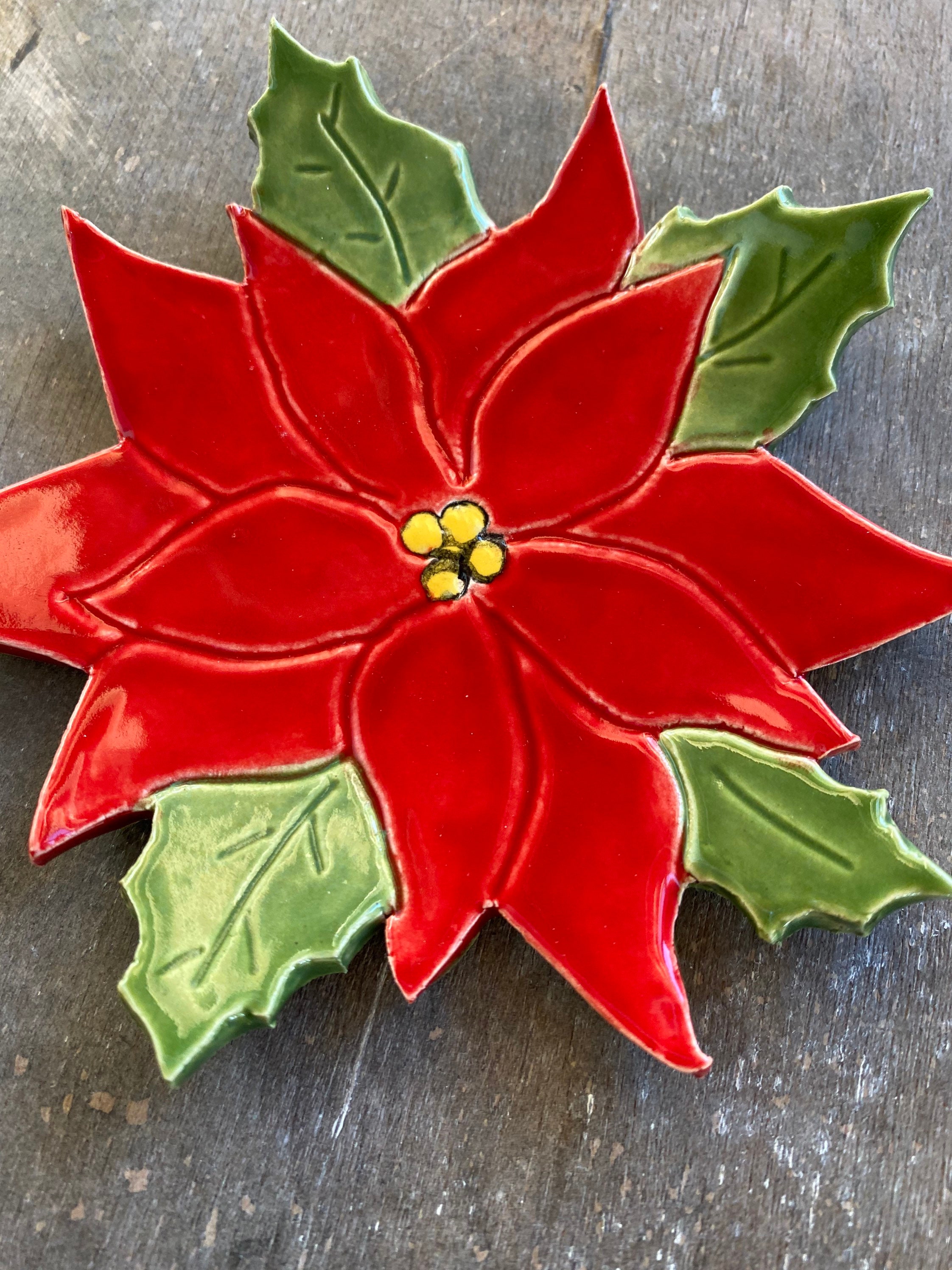Poinsettia Ceramic Ring Dish, Red Flower Pottery, Jewelry