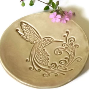 Hummingbird Ceramic Dish, Sand Color Plate, Bird Ring Holder in a Recycled Paper Box