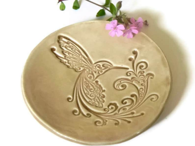 Hummingbird Ceramic Dish Sand Color Plate Bird Ring Holder image 0