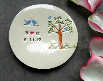 Personalized Blue Bird and Tree Ring Holder, Little Bird Wedding Engagement Ring Dish, Ivory Ring Pillow, Custom Anniversary Ring Bearer